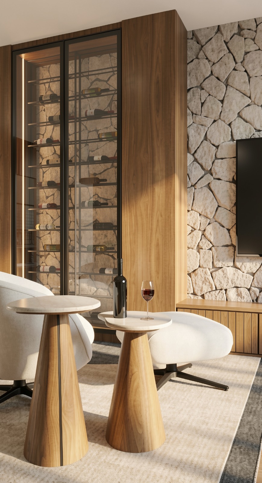 Living com pedra natural e adega