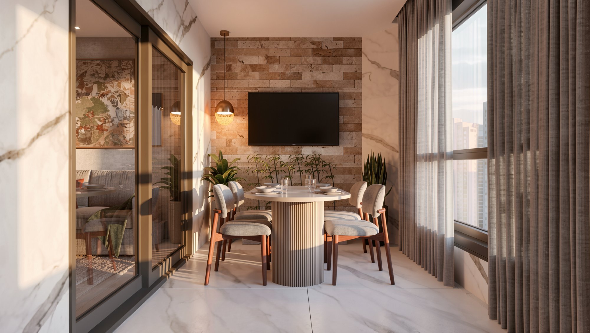 Varanda residencial com mesa redonda e luz natural