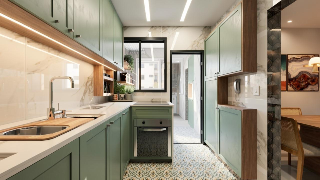 Cozinha residencial em verde sálvia